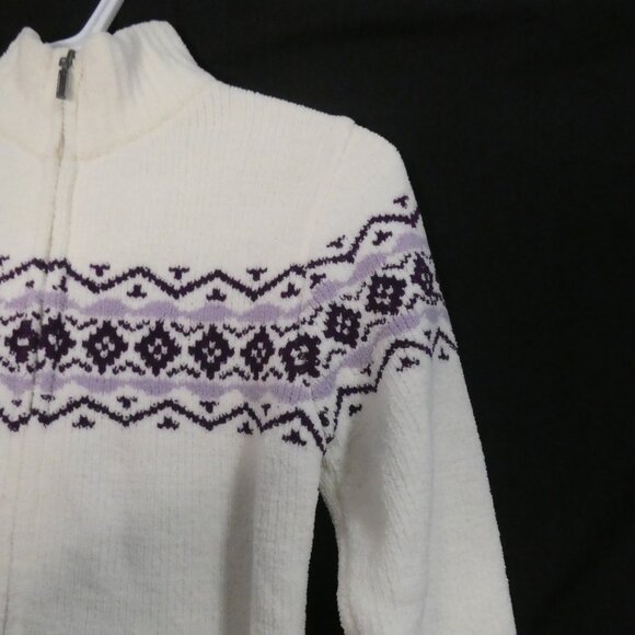 DENVER HAYES | small | Ivory Chenille Zip-Up Cardigan with Purple Pattern | NWOT - Picture 5 of 14